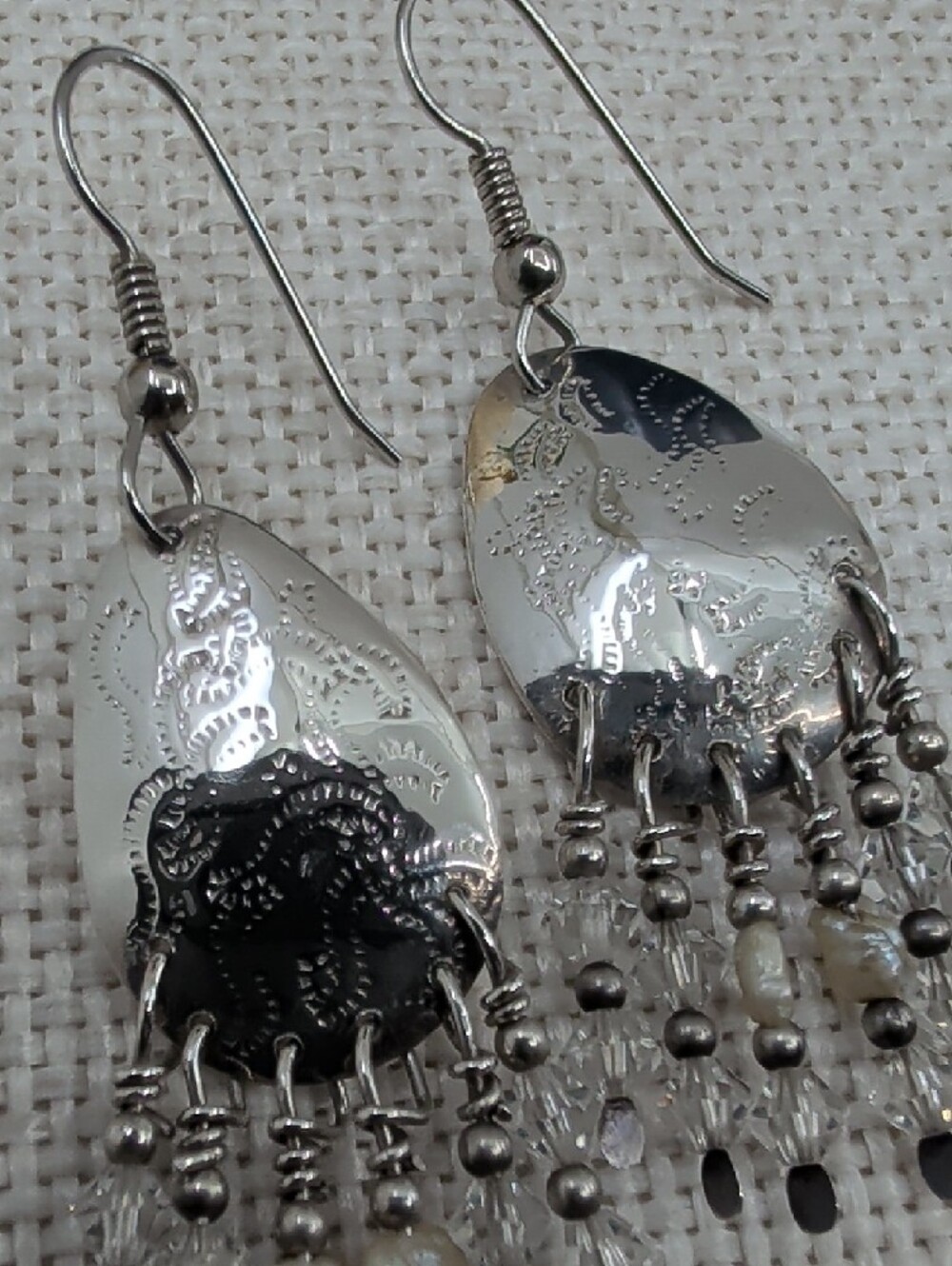 Vintage Artisan Hammered Silver Chandelier Earrings Crystal Bead Fringe 2.5" - Picture 4 of 17